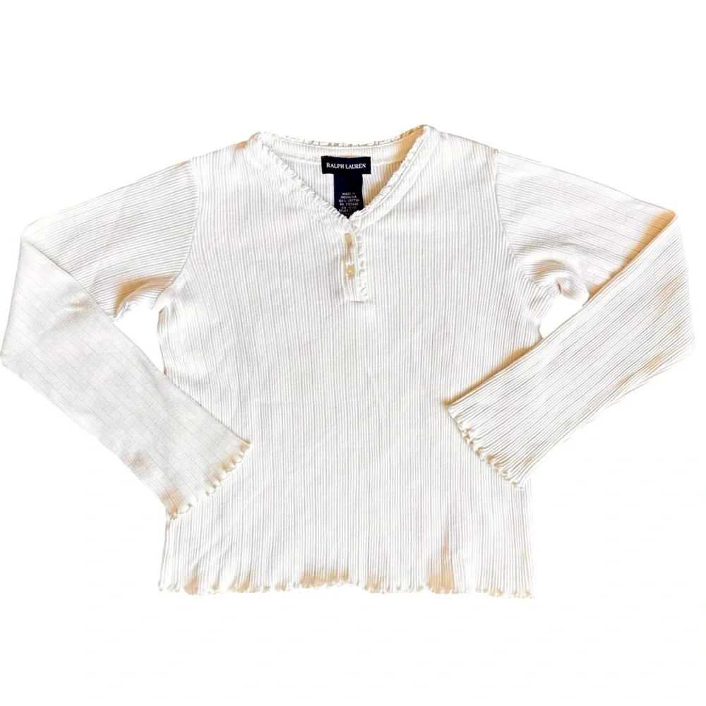 Ralph Lauren Size 6 Girls Cotton White Minimalist Lettuce Trim Henley Shirt